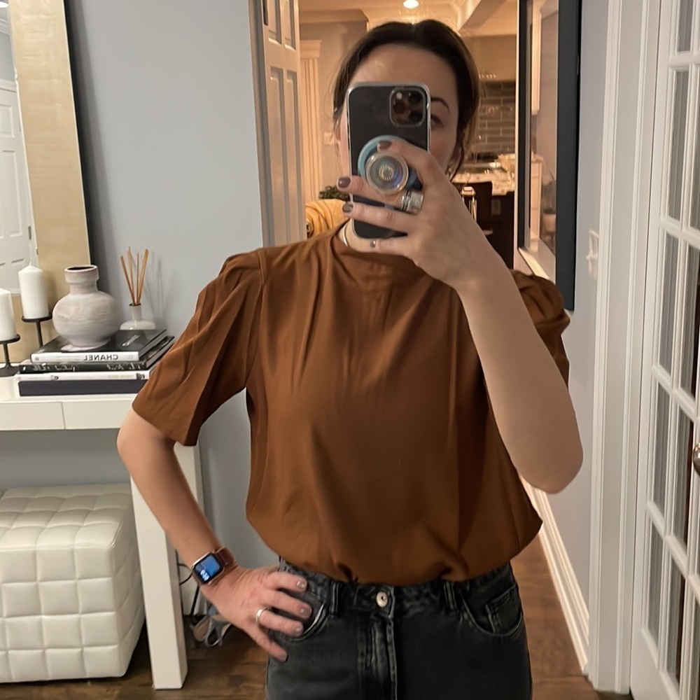 Calvin Klein Solid Crepe De Chine Mock Neck Short Puffed Elbow Sleeve Blouse - Picture 3 of 12